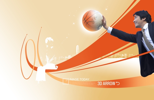 橙红色动感花纹和打篮球的男士