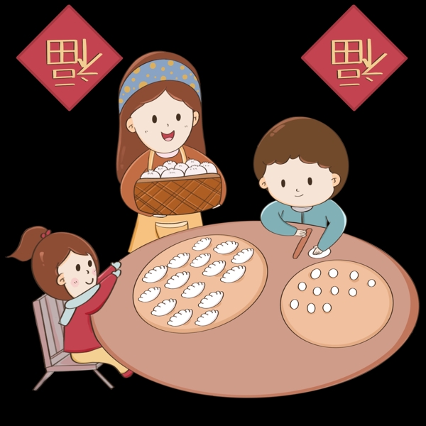 新年2019年春节妈妈孩子包饺子