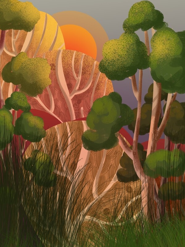 手绘水彩树林背景素材