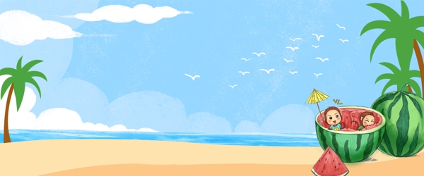 夏日海边沙滩蓝天白云背景
