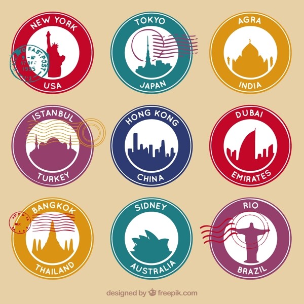 彩色城市邮票图标矢量素材
