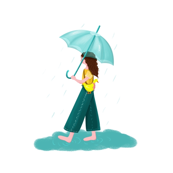 雨天雨伞女孩打伞手绘风人物元素
