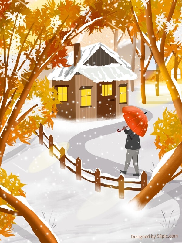原创冬季室外下雪风景插画