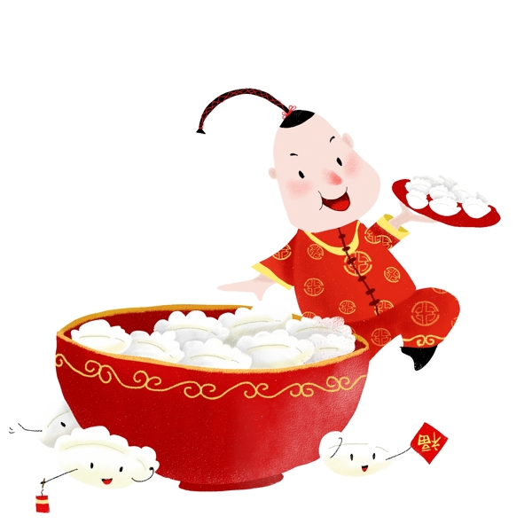 手绘中国风新年包饺子儿童插画