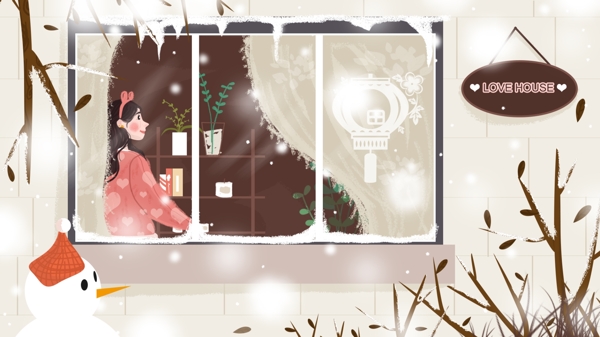 原创1月下雪的深冬站在窗边的女孩