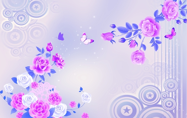 牡丹花蝴蝶富贵图背景墙紫色
