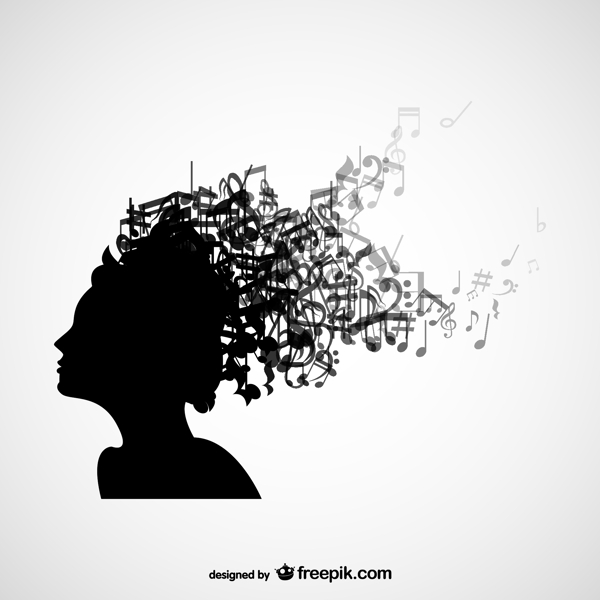 在她的头发上有音乐的女人头上的轮廓