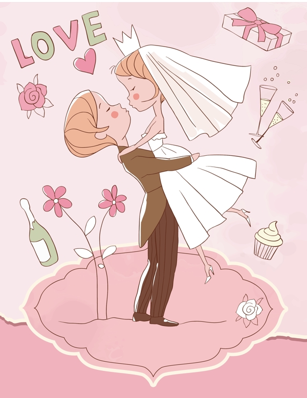 可爱的粉色婚礼插画