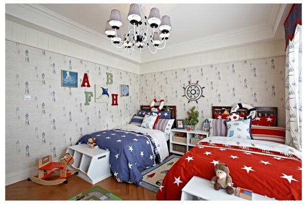 现代地中海儿童房床铺装修实景图