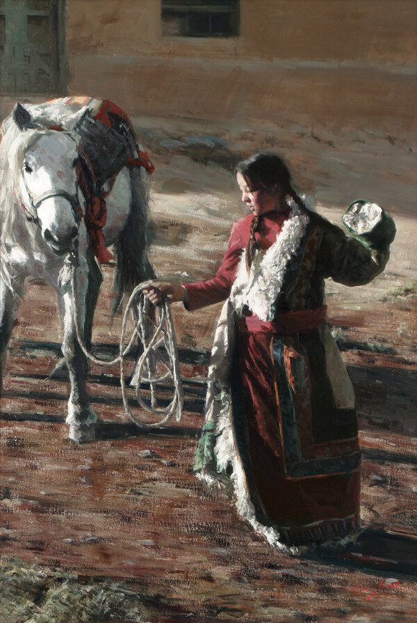 牵马的藏族女孩油画图片