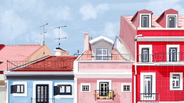 原创粉色红色蓝色彩色欧洲建筑彩色手绘插画