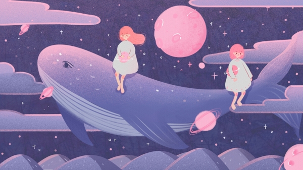 治愈系晚安世界星空下的鲸鱼和小女孩翱翔