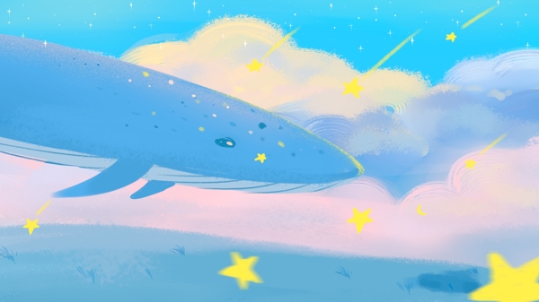 蓝色鲸鱼彩色云朵卡通背景