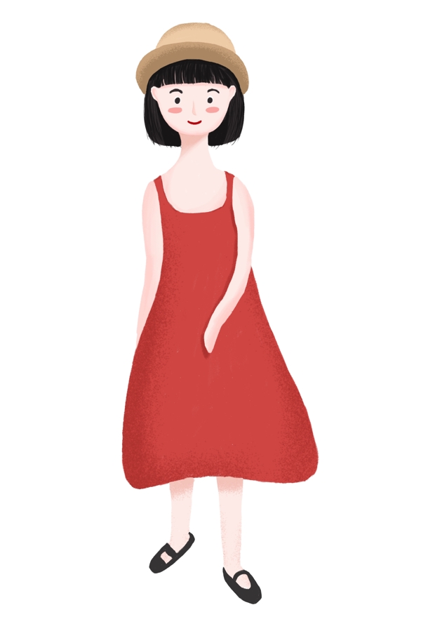 手绘穿着红色裙子的短发女孩