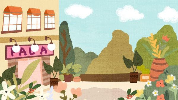 彩色卡通房屋和庭院背景设计