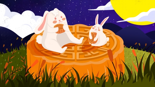 唯美传统节日中秋插画坐在月饼上的兔子插画