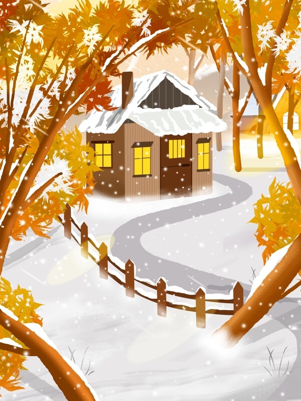 唯美冬季树林下雪屋子背景设计