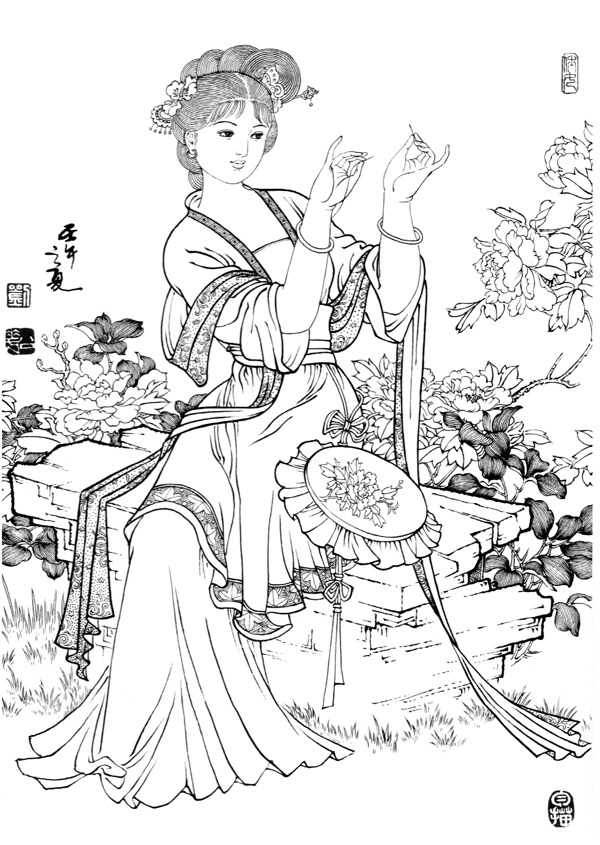 线描仕女图图片