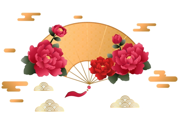 中国风新年金色祥云牡丹花扇子装饰图案