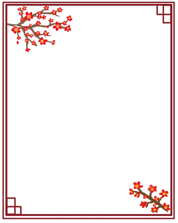 红色的被雪覆盖的梅花和边框