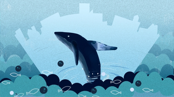 深海鲸鱼小鱼清新插画