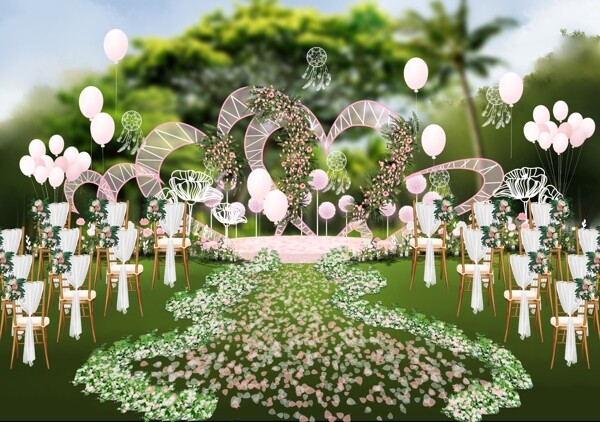 粉色铁艺户外草坪婚礼效果图