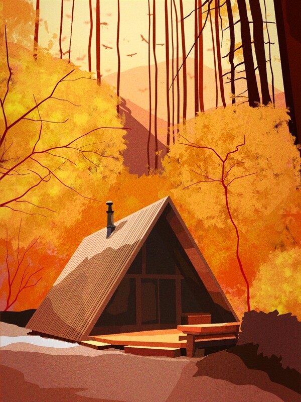 手绘写实风景图之十一月林中小屋秋天风光