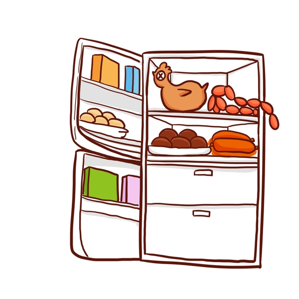 彩绘冰箱里的丰富食材插画设计