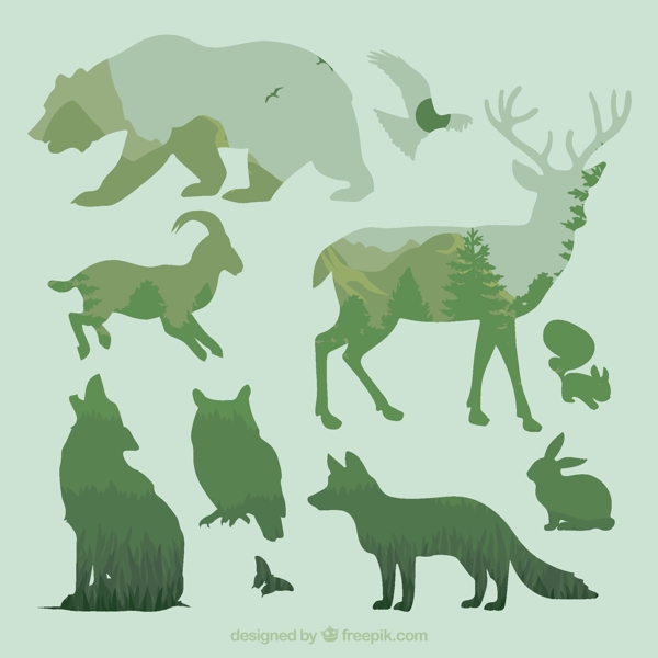 森林动物叠影矢量图