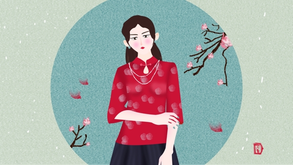 中国古典旗袍下的美女原创插画