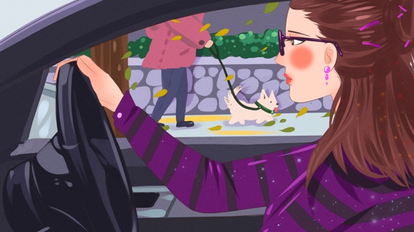 城市生活开车女子的车窗外景色插画