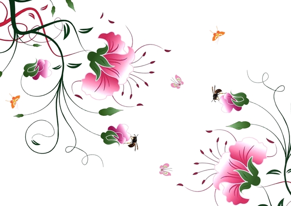 郁金香海棠花蜜蜂粉色背景墙壁纸