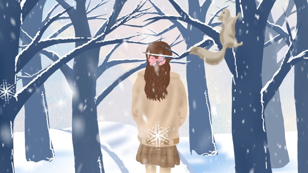 简约清新冬季雪景一个人女生背影插画