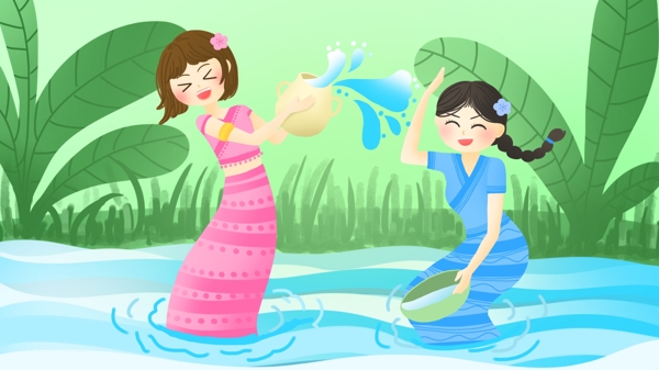 夏天少数民族傣族女孩水中嬉戏玩耍泼水节