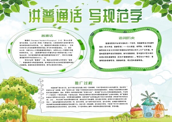 绿色清新讲普通话写规范字小报手抄报