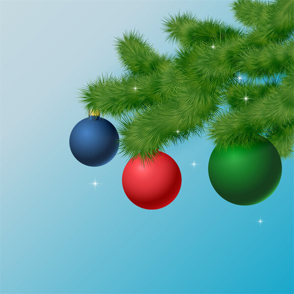 绿色松枝和彩色圣诞球图片