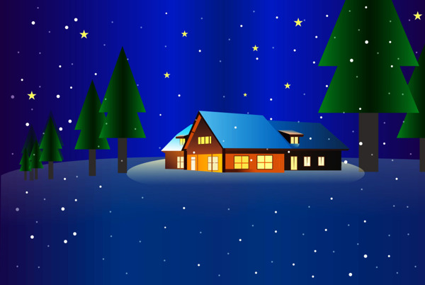 冬天夜晚的小木屋矢量插画