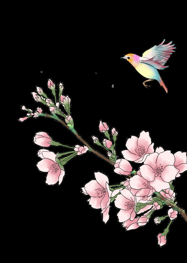 工笔画粉色的鲜花和小鸟