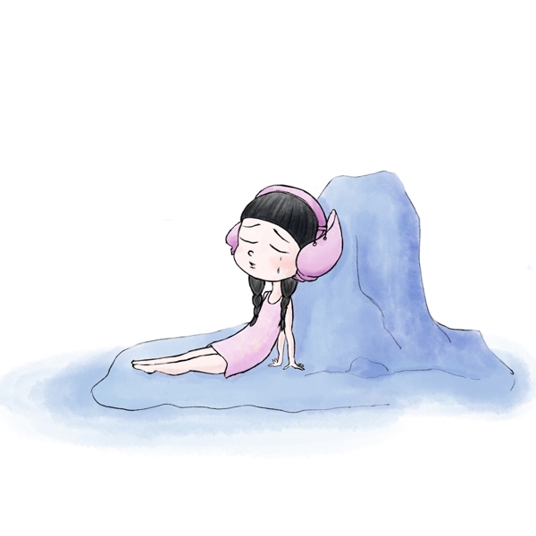 童真梦幻主题马卡龙色系在海边哭泣的悲伤海螺女孩