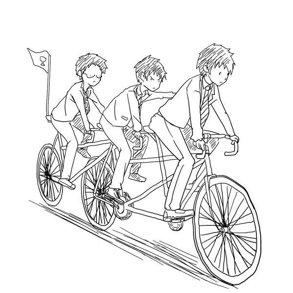 卡通线描三人单车
