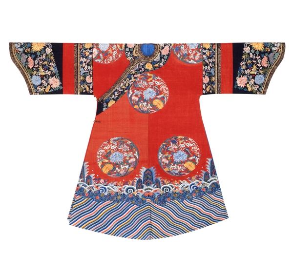 大红缂丝八团梅兰竹菊纹夹袍图片