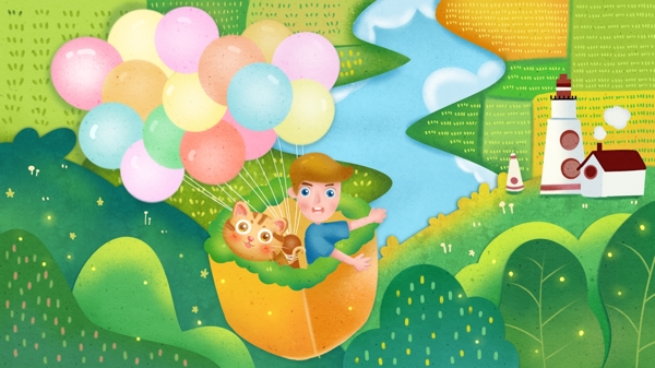 带宠物乘上热气球环游世界童话儿童插画海报
