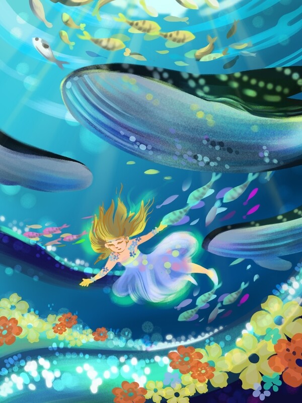 鲸鱼女孩海底海洋可爱小清新插画