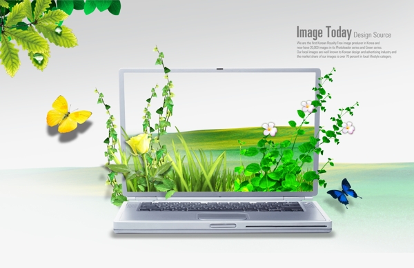 笔记本电脑与绿色植物PSD分层素材