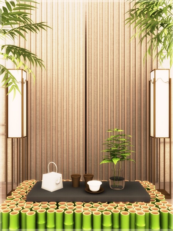 原创写实风格自然竹子茶道文化创意3D背景
