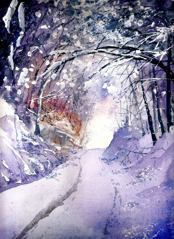 冬天的森林油画图片
