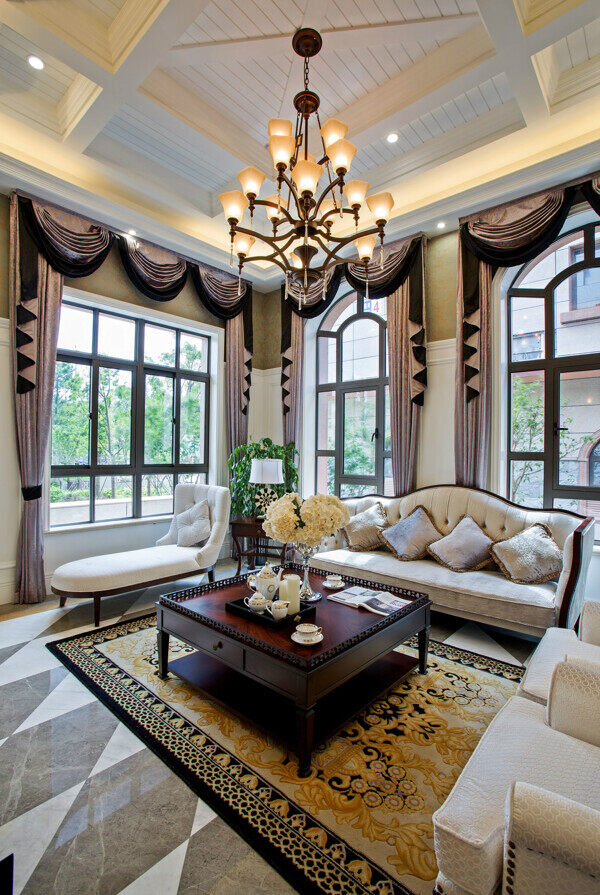 现代简约客厅玻璃复古吊灯茶几装修效果图