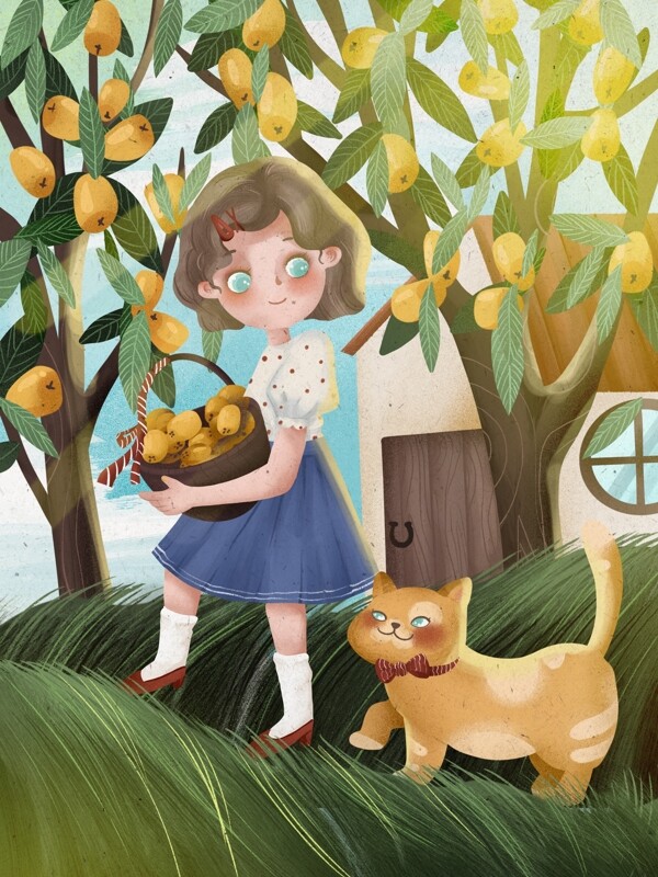 小满女孩摘枇杷果园可爱温馨插画