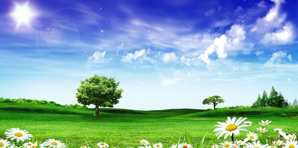 蓝天白云绿草地树图片