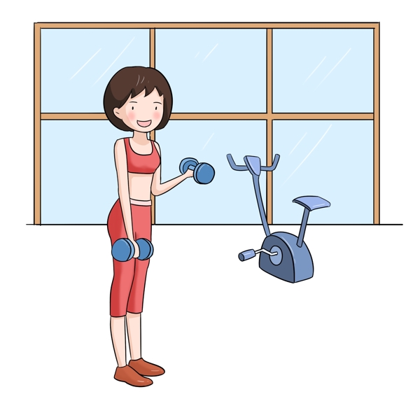 在家做运动健身的女孩手绘插画